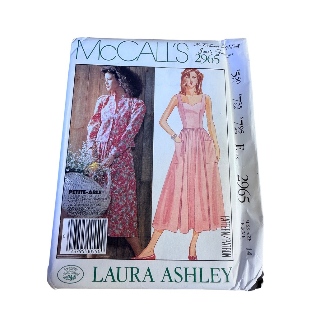New McCalls 2965 Sewing Pattern 14 Laura Ashley Jacket Dress 1987 Cottagecoret
